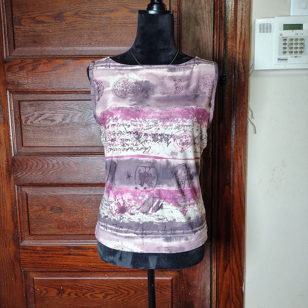 Y2K Celestial Palm Script Markings Boat Neck Tank Top Wmns Sz (S/M)/T527